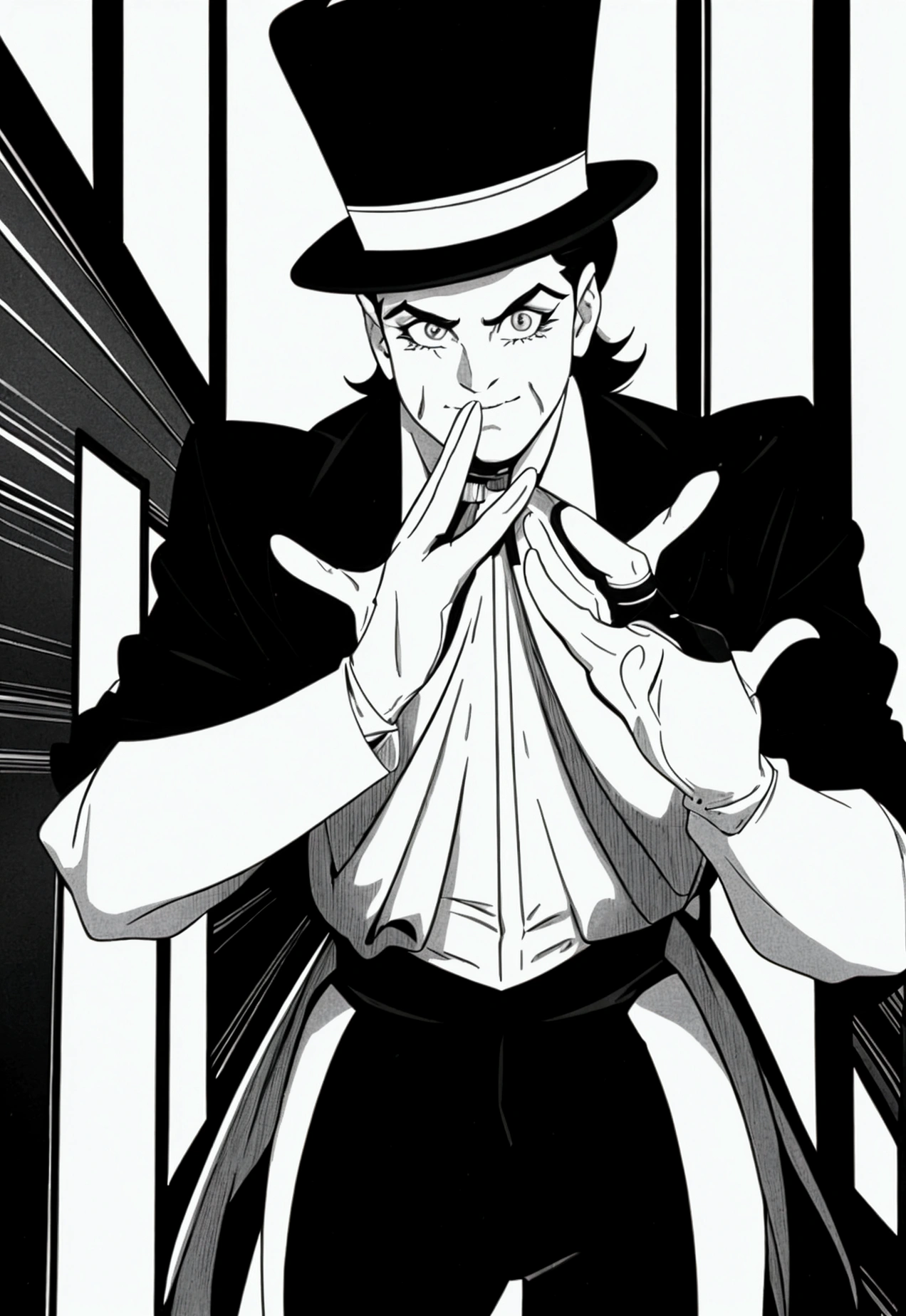 I need a circus magician from the 90s (naughty man) wearing gloves with the hands in the center of the body as if showing something by putting the hands together, with the top hat covering your face. ((80s black and white animation))