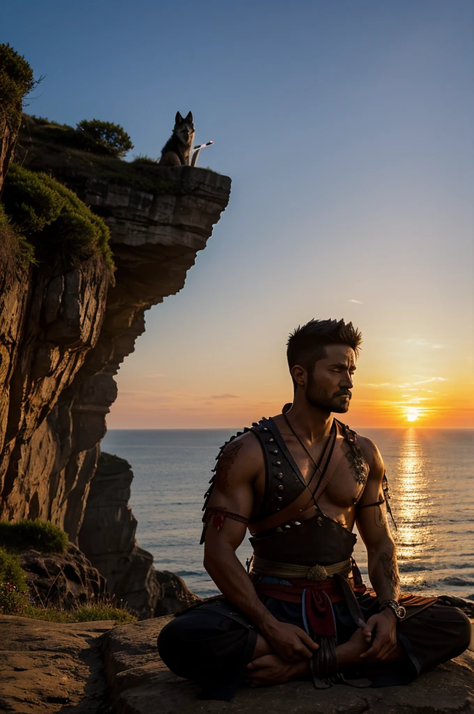 Wolf warrior with wounds on his body. Meditating on the cliff during sunset by the sea. The sword lies on the lap. Teagt tattered samurai clothing.