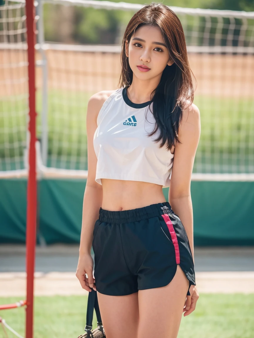 beautiful indian girl, with black volleyball uniform, very skinny, slendered abs, outside the athletic field, ((Scrawny, )), photoshotrealisitic, photoshot, work of art, realisitic, 真实感, photoshot真实感, hight contrast, photoshotrealisitic digital art trending on Artstation 8k HD high definition detailded realisitic, detailded, texture skin, hyper detailded, realisitic texture skin, armour, best qualityer, ultra high resolution, (photoshotrealisitic:1.4),, high resolution, detailded, raw photoshot, re sharp, by lee jeffries nikon d850 film stock photoshotgraph 4 kodak portra 400 camera f1.6 lens rich colors hyper realisitic lifelike texture dramatic lighting unrealengine trending on artstation cinestill 800, Raquel Cook, standing full in the gym, in front of the volleyball net, front camera,