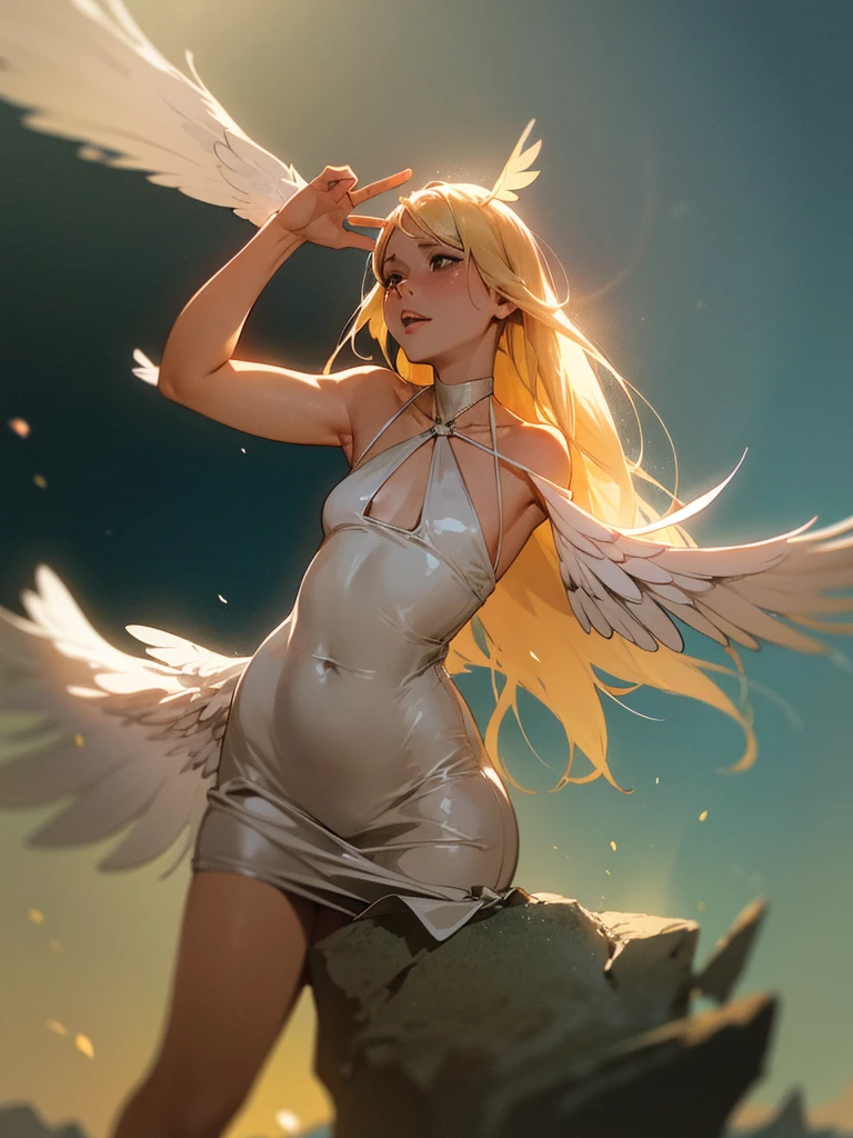 (Sumilux f1.4 24mm , low Latitude old color negative film , cross process , bokeh, flare, chromatic aberration , soft focus, (Shallow focus) , soft glow , Maximum aperture, High Key , Transparent depiction) , Wide angle , anime Harpy girl , round face , skinny body , Loose-fitting Halter neck , Many feathers fluttering down , clothed erotica , Opera singer pose , on the The peak of the rock