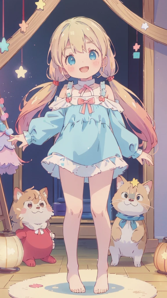 ((masterpiece))((Highest quality))girl、smile、blush、Flat Chest、Are thin、Blonde Hair、blush、Are standing、Whole body image、Eye level to the feet、front、No background、真frontのアングル、Blue clothes、Two-tone red and blue hair、Twin tails、Red Alice outfit