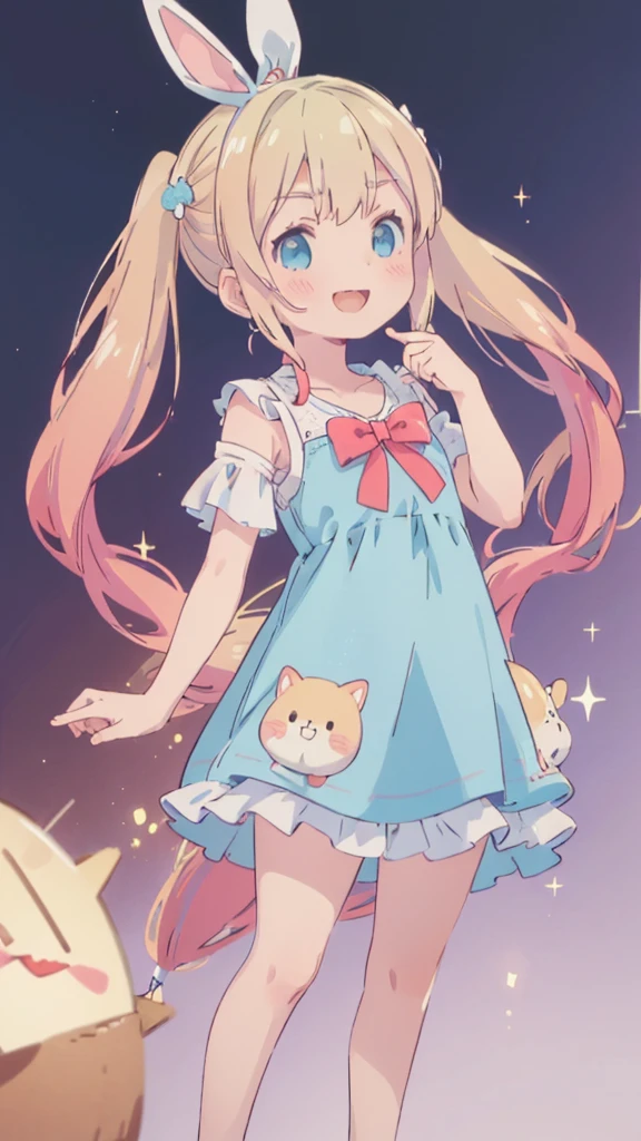 ((masterpiece))((Highest quality))girl、smile、blush、Flat Chest、Are thin、Blonde Hair、blush、Are standing、Whole body image、Eye level to the feet、front、No background、真frontのアングル、Blue clothes、Two-tone red and blue hair、Twin tails、Red Alice outfit