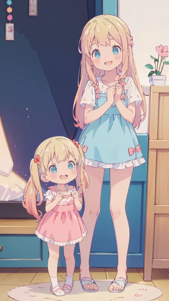 ((masterpiece))((Highest quality))girl、smile、blush、Flat Chest、Are thin、Blonde Hair、blush、Are standing、Whole body image、Eye level to the feet、front、No background、真frontのアングル、Blue clothes、Two-tone red and blue hair、Twin tails、Red Alice outfit
