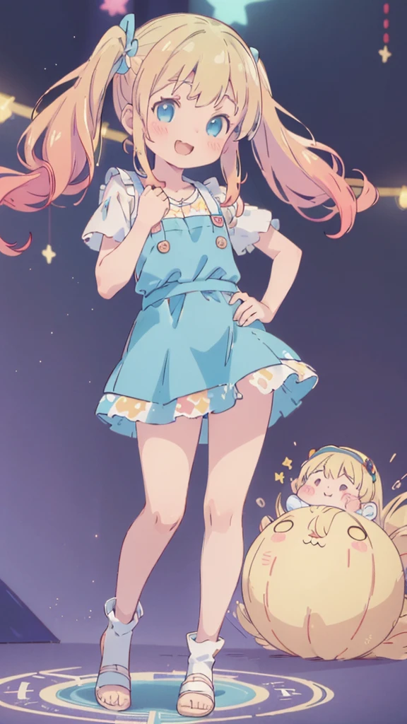 ((masterpiece))((Highest quality))girl、smile、blush、Flat Chest、Are thin、Blonde Hair、blush、Are standing、Whole body image、Eye level to the feet、front、No background、真frontのアングル、Blue clothes、Two-tone red and blue hair、Twin tails、Red Alice outfit