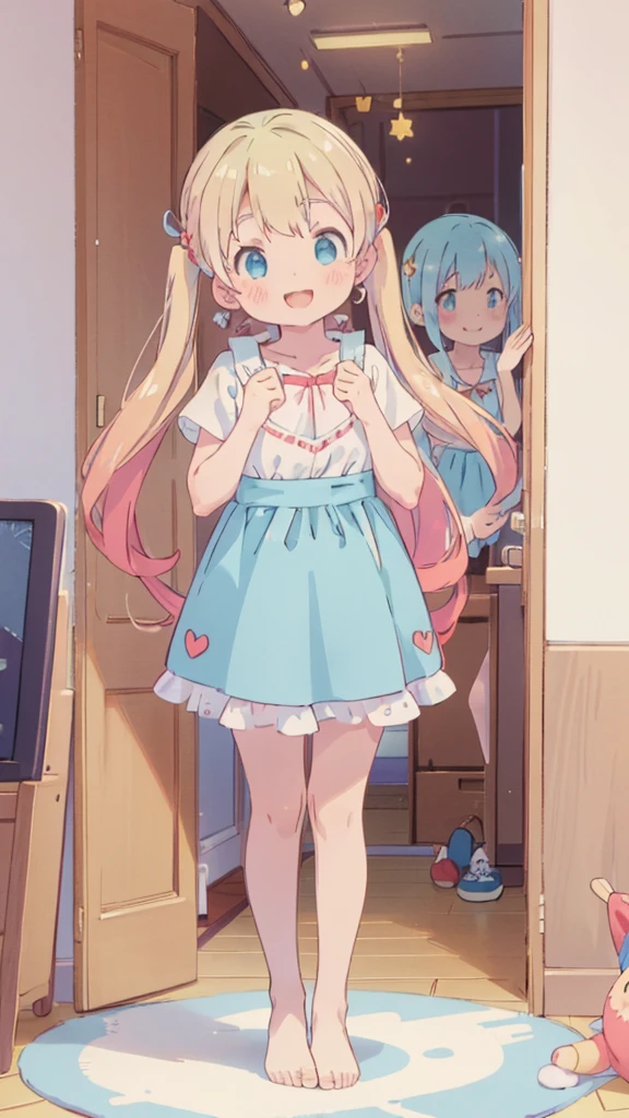 ((masterpiece))((Highest quality))girl、smile、blush、Flat Chest、Are thin、Blonde Hair、blush、Are standing、Whole body image、Eye level to the feet、front、No background、真frontのアングル、Blue clothes、Two-tone red and blue hair、Twin tails、Red Alice outfit