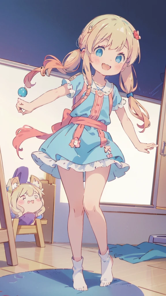 ((masterpiece))((Highest quality))girl、smile、blush、Flat Chest、Are thin、Blonde Hair、blush、Are standing、Whole body image、Eye level to the feet、front、No background、真frontのアングル、Blue clothes、Two-tone red and blue hair、Twin tails、Red Alice outfit