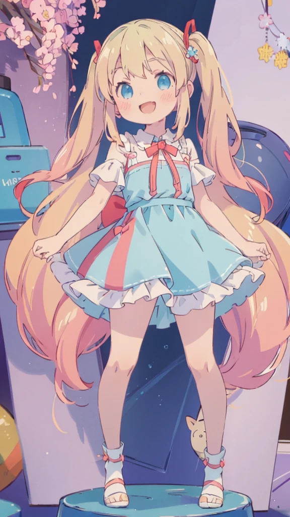 ((masterpiece))((Highest quality))girl、smile、blush、Flat Chest、Are thin、Blonde Hair、blush、Are standing、Whole body image、Eye level to the feet、front、No background、真frontのアングル、Blue clothes、Two-tone red and blue hair、Twin tails、Red Alice outfit
