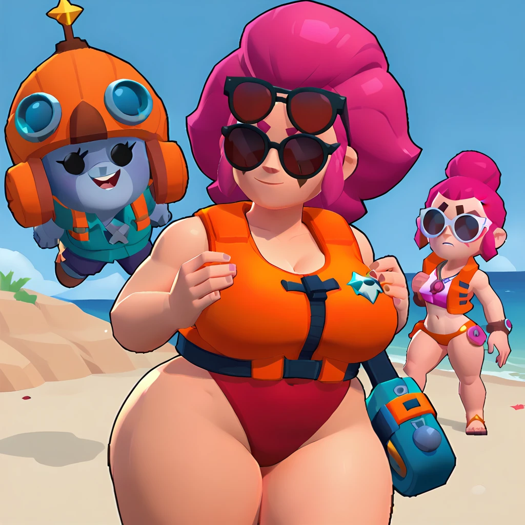 a blue-skinned triceratops, female, triceratops animals, Dwarf, wearing a red swimsuit and sunglasses, with a pink and white life jacket, brawl, brawl stars, pink hair, big breasts, thick thighs, only hands on her breasts