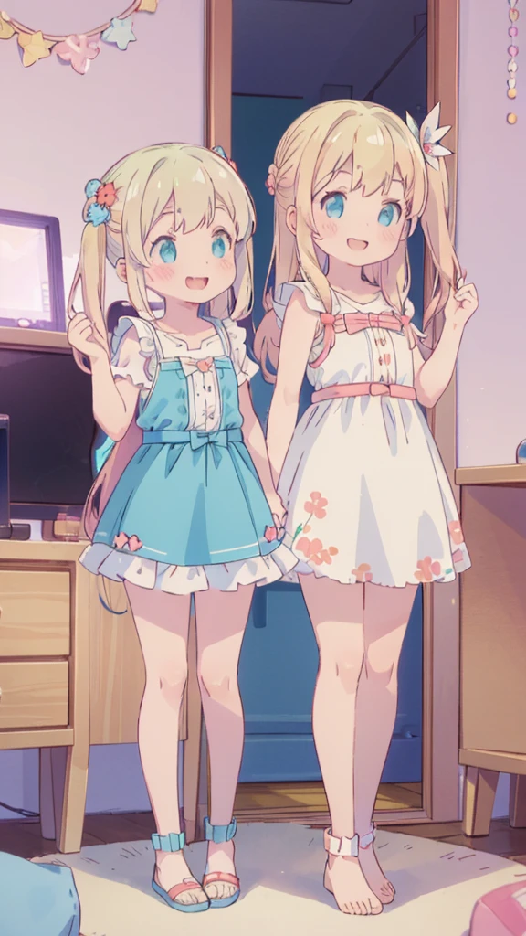 ((masterpiece))((Highest quality))girl、smile、blush、Flat Chest、Are thin、Blonde Hair、blush、Are standing、Whole body image、Eye level to the feet、front、No background、真frontのアングル、Blue clothes、Two-tone red and blue hair、Twin tails、Red Alice outfit