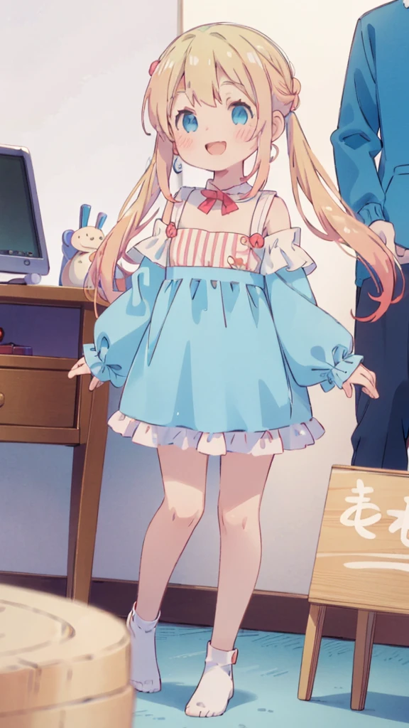 ((masterpiece))((Highest quality))girl、smile、blush、Flat Chest、Are thin、Blonde Hair、blush、Are standing、Whole body image、Eye level to the feet、front、No background、真frontのアングル、Blue clothes、Two-tone red and blue hair、Twin tails、Red Alice outfit