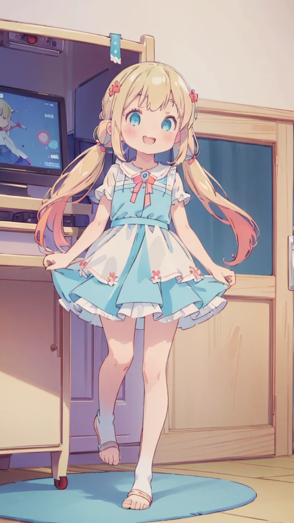 ((masterpiece))((Highest quality))girl、smile、blush、Flat Chest、Are thin、Blonde Hair、blush、Are standing、Whole body image、Eye level to the feet、front、No background、真frontのアングル、Blue clothes、Two-tone red and blue hair、Twin tails、Red Alice outfit