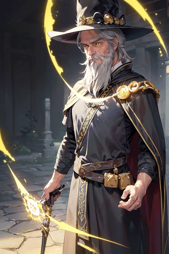 (((masterpiece; best quality: 1.2))), (finely detailed eyes: 1.3), (70 year old man), (solo), (yellow eyes: 1.4), (body; old, fit, masculine: 1.3), (grey hair and beard: 1.3), (beautiful and clear background: 1.2), ((depth of field)), (equipment: wandering mage's robes + long dark robe + dark pants + pointed hat + gloves + cape + belt + pouches: 1.3), (anime illustration: 1.2), (background composition; royal garden: 1.1), (extremely fine and beautiful: 1.1), (shot composition; standing + centered on torso + close-up: 1.5), (expression; calm, smile: 1.2)