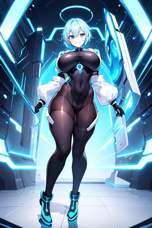 1girl, white skin, light skin, smile, light smile, blue hair, short hair, blue eyes, large breasts, breasts, wide hips, black bodysuit, black clothes, black pantyhose, bodysuit, sleeves, short sleeves, pantyhose, futuristic, science-fiction, neon trim, neon, full_body, ((full body)), standing,