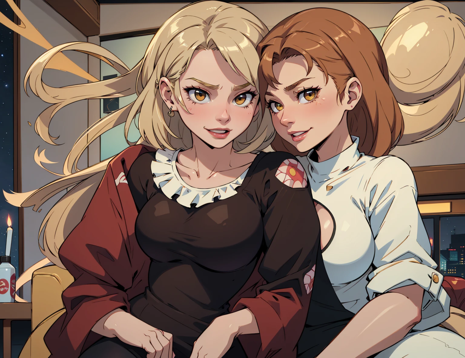 photorealistic, (4k), (Masterpiece), (realistic skin texture), extremely detailed, intricate, hyper detailed, high resolution, sharp detail, Best Quality, mother and daughter, 45-year-old woman, lascivious busty milf with brown hair dressed in cougar outfits that attracts the attention of 18-year-olds, excited with a mischievous smile, her 18-year-old blonde daughter with small breasts, rebellious, dressed in modern clothing, pissed off but excited with an air of superiority, they are both in the room. living room of their house dressed in modern clothes at night