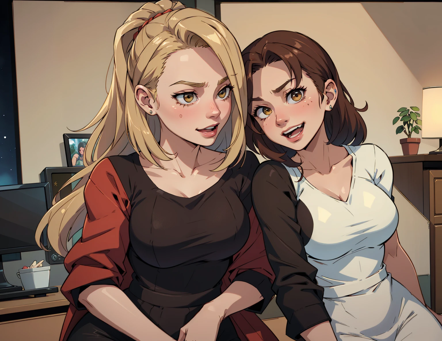 photorealistic, (4k), (Masterpiece), (realistic skin texture), extremely detailed, intricate, hyper detailed, high resolution, sharp detail, Best Quality, mother and daughter, 45-year-old woman, lascivious busty milf with brown hair dressed in cougar outfits that attracts the attention of 18-year-olds, excited with a mischievous smile, her 18-year-old blonde daughter with small breasts, rebellious, dressed in modern clothing, pissed off but excited with an air of superiority, they are both in the room. living room of their house dressed in modern clothes at night