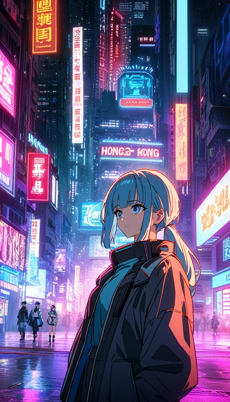 a cool woman with light blue hair, straight bangs, side locks, long pony tail, sparkling blue eyes, head tilted up, anime style, makoto shinkai anime movie poster, cyberpunk background, cyberpunk buildings in the background, hong kong, sci-fi city, neon lights, fluorescent, futuristic, wong kar wai, cinematic lighting