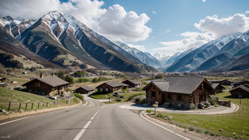 A small village nestled in the foothills of the mountains. The house is made of wood and has a roof there. The road leading to the village is dirt and winds blowing through fields and green fields. The mountains were covered with snow and the sky was a bright blue.