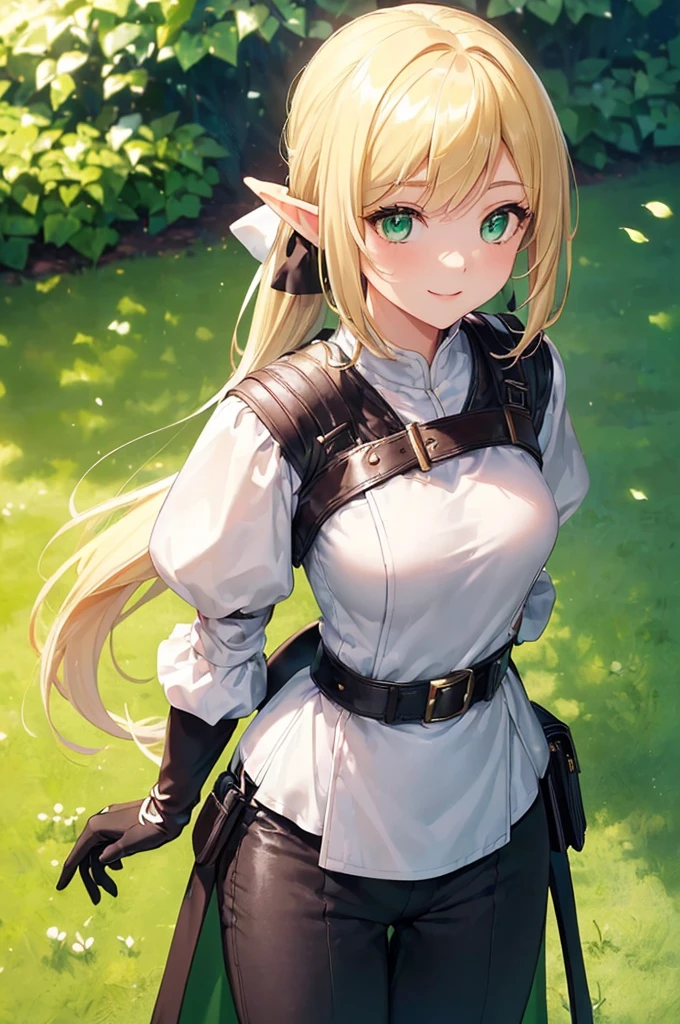 (((masterpiece; best quality: 1.2))), (finely detailed eyes: 1.3), (25 year old elf woman), (solo), (green eyes: 1.4), (body; buxom, fit, femenine: 1.3), (silky blonde hair in low ponytail: 1.3), (beautiful and clear background: 1.2), ((depth of field)), (equipment: adventurer attire + modest + long white tunic + black cape + black pants + gloves + belt + pouches: 1.3), (anime illustration: 1.2), (background composition; royal garden: 1.1), (extremely fine and beautiful: 1.1), (shot composition; standing + centered on torso + close-up: 1.5), (expression; calm, smile: 1.2)
