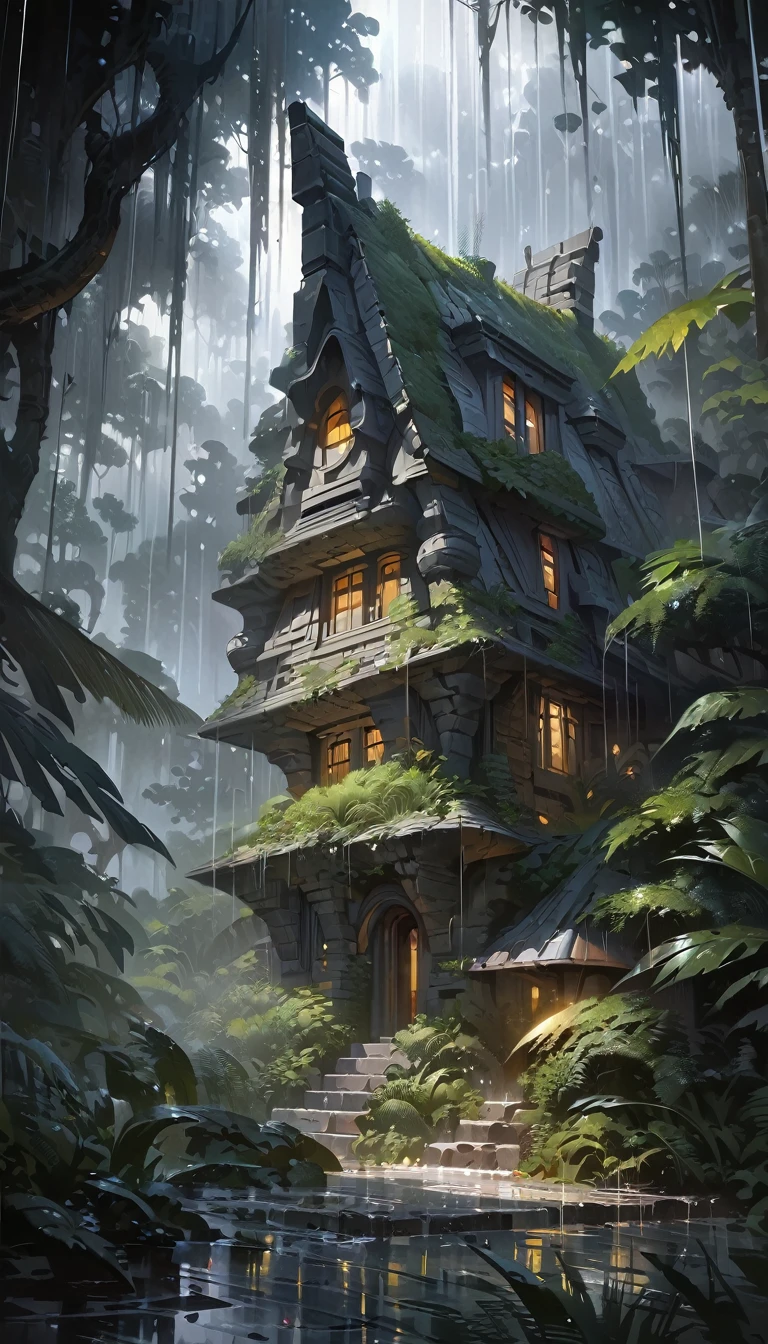 a fantastic stone house in a forest, magical and futuristic architecture, rain pouring down, (simple oil painting in the style of Bill Sienkiewicz,masterpiece:1.2),(best quality,4k,8k,highres,ultra-detailed,realistic:1.37),(intricate,detailed,dramatic,moody,atmospheric,cinematic),(lush foliage,dense vegetation,gloomy,overcast sky),(dramatic lighting,warm tones,muted colors)
