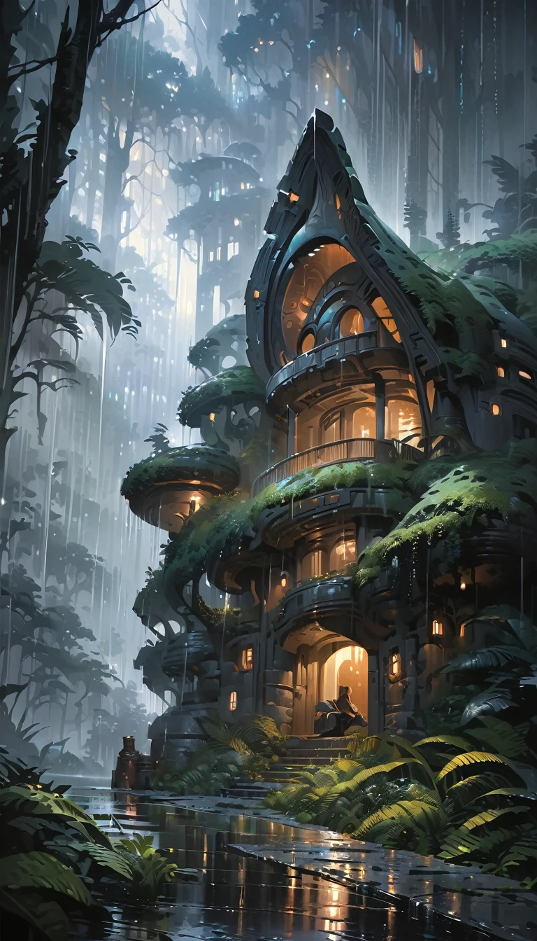 a fantastic stone house in a forest, magical and futuristic architecture, rain pouring down, (simple oil painting in the style of Bill Sienkiewicz,masterpiece:1.2),(best quality,4k,8k,highres,ultra-detailed,realistic:1.37),(intricate,detailed,dramatic,moody,atmospheric,cinematic),(lush foliage,dense vegetation,gloomy,overcast sky),(dramatic lighting,warm tones,muted colors)