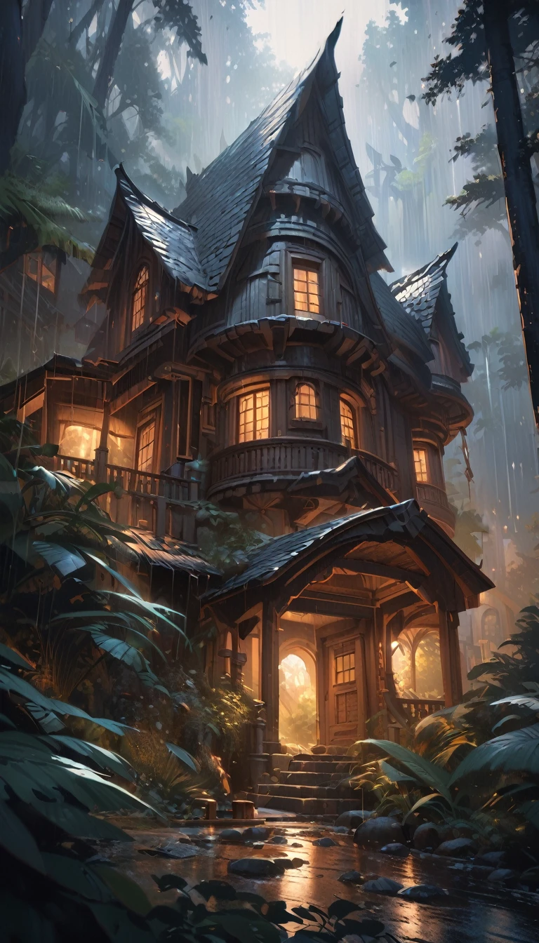 a fantastical stone house in a lush forest, rain falling, (simple oil painting in the style of Bill Sienkiewicz), detailed architecture, stunning natural scenery, dramatic lighting, moody atmosphere, (best quality,8k,highres,masterpiece:1.2),ultra-detailed,(realistic:1.37), fantasy, cinematic, dramatic composition
