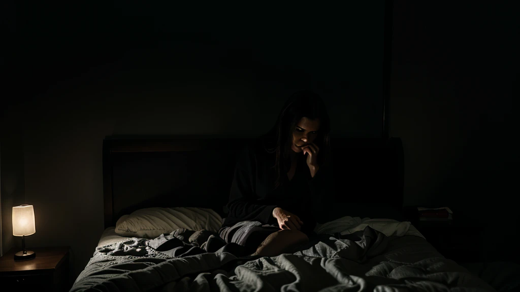 Wife worried about her demon-possessed husband in their dark, dimly-lit bedroom, ultra-clear image. 