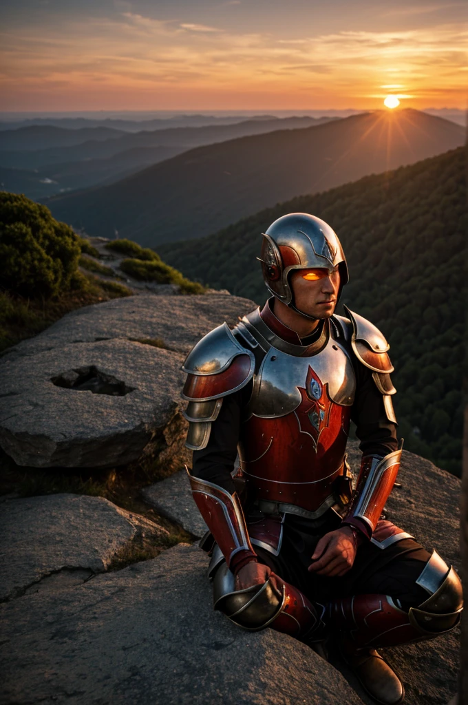 Samureikroeger meditates on the cliff with wounds on his body and damaged armor. Bleeding Eye and Sunset