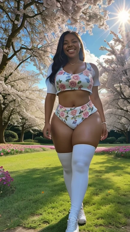 a five-foot-tall dwarf woman smiling, perfect white teeth,thick lips ,big pets,wide hips,walking through a flowery park,with the sun shining in the background and colorful flowers.