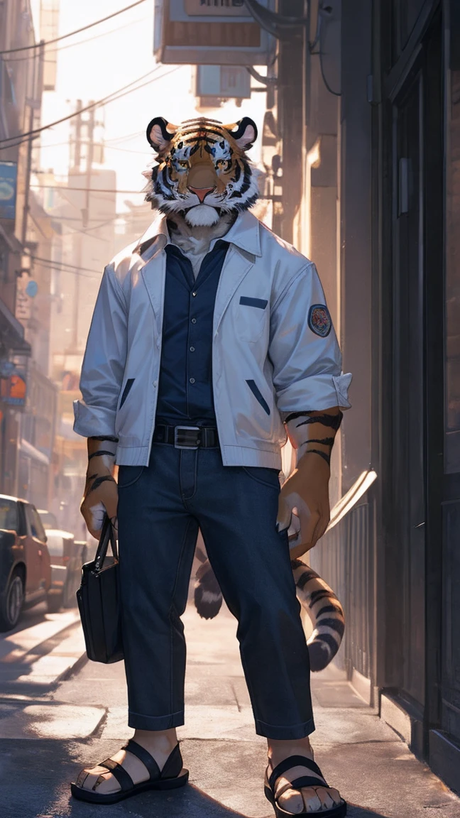 Clarity,Exquisite,Top technology,Single photo,tiger,male,Golden Eyes,Facing the camera,Cold expression,juvenile,Street gangsters,White vest,jeans,White socks,Black sandals,Bandage on wrist,cute,How