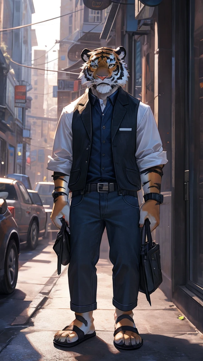 Clarity，Exquisite，Top technology，Single photo，tiger，male，Golden Eyes，Facing the camera，Cold expression，juvenile，Street gangsters，White vest，jeans，White socks，Black sandals，Bandage on wrist，cute，How