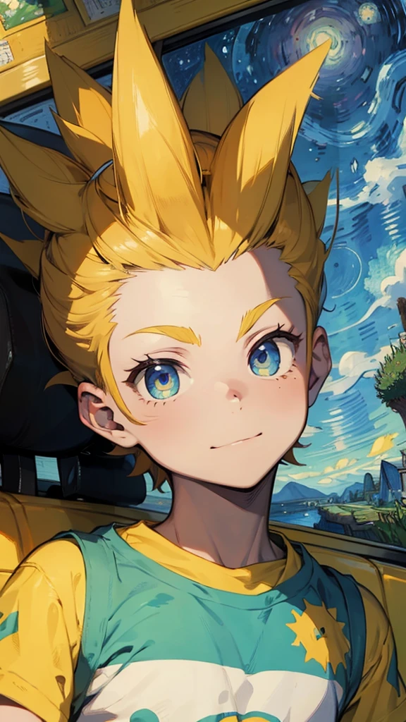 Teenager Bart Simpson is alone, high on medicinal cannabis, holding a magic mushroom inside a Van Gogh painting and Bart has red veins in the whites of his eyes.