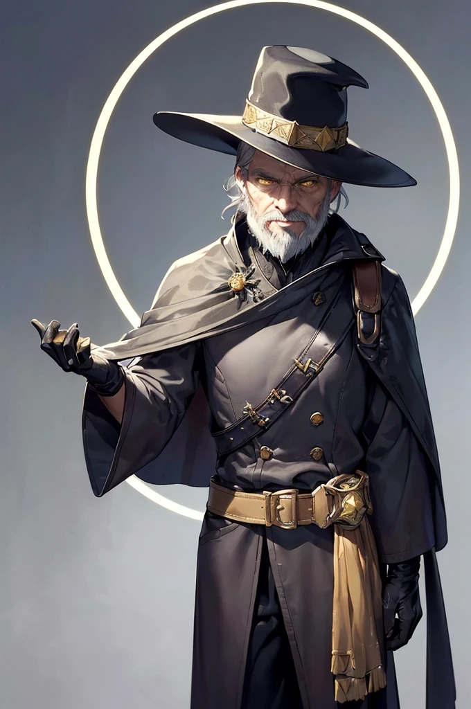 (((masterpiece; best quality: 1.2))), (finely detailed eyes: 1.3), (70 year old man), (solo), (yellow eyes: 1.4), (body; old, fit, masculine: 1.3), (grey hair and beard: 1.3), (beautiful and clear background: 1.2), ((depth of field)), (equipment: wanderer traveler clothing + long dark robe + dark pants + pointed hat + gloves + cape + belt + pouches: 1.3), (anime illustration: 1.2), (background composition; royal garden: 1.1), (extremely fine and beautiful: 1.1), (shot composition; standing + centered on torso + close-up: 1.5), (expression; calm, smile: 1.2)