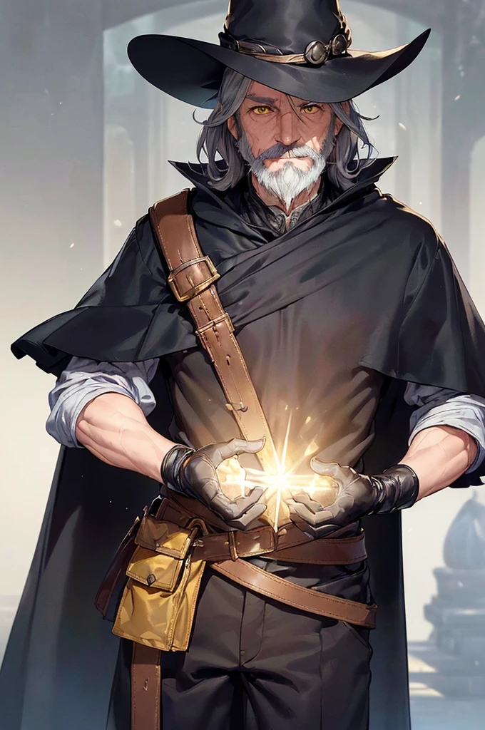 (((masterpiece; best quality: 1.2))), (finely detailed eyes: 1.3), (70 year old man), (solo), (yellow eyes: 1.4), (body; old, fit, masculine: 1.3), (grey hair and beard: 1.3), (beautiful and clear background: 1.2), ((depth of field)), (equipment: wanderer traveler clothing + long dark robe + dark pants + pointed hat + gloves + cape + belt + pouches: 1.3), (anime illustration: 1.2), (background composition; royal garden: 1.1), (extremely fine and beautiful: 1.1), (shot composition; standing + centered on torso + close-up: 1.5), (expression; calm, smile: 1.2)