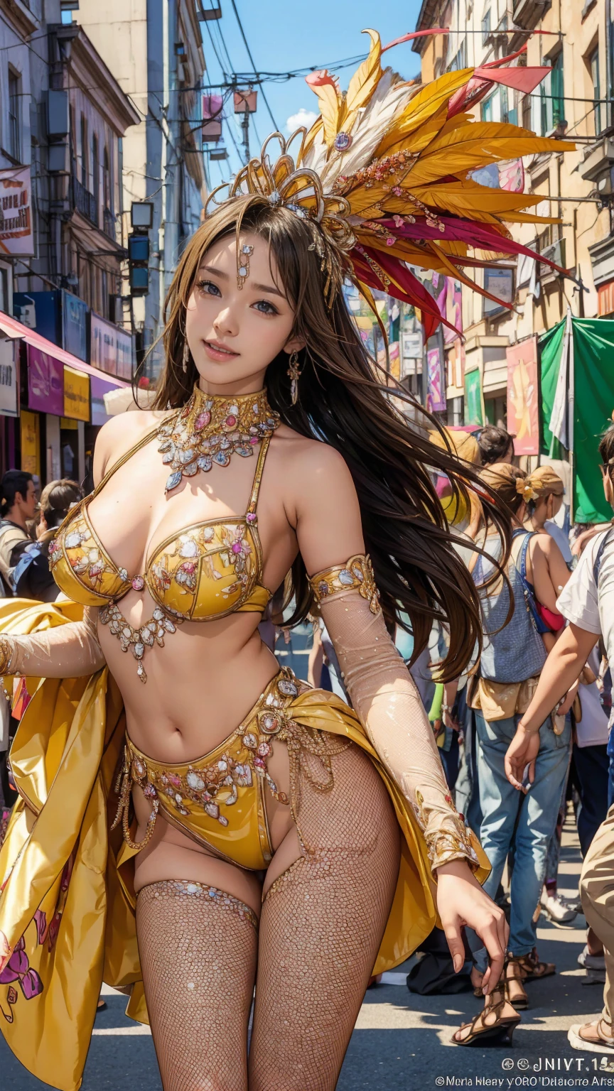 Highest quality, Official Art, masterpiece, Fabric Shading, High resolution, Very detailed, colorful, Best details, High leg samba micro costume:1.5, microwave good:1.9 Yuki Mori:1.5, 1 female, Age 25, Brown Hair, Medium Hair,Big Ass:1.9, {{{{{Dancing vigorously in the parade:1.9}}}}}, A bustling boulevard, sunny, skinny, {{Surrounded by a bunch of male photographers:1.9}}, She is being photographed by many male photographers.:1.7, A blizzard is falling, Blessed, welcome:1.5, Camel Toe:1.9, Ground level shot,