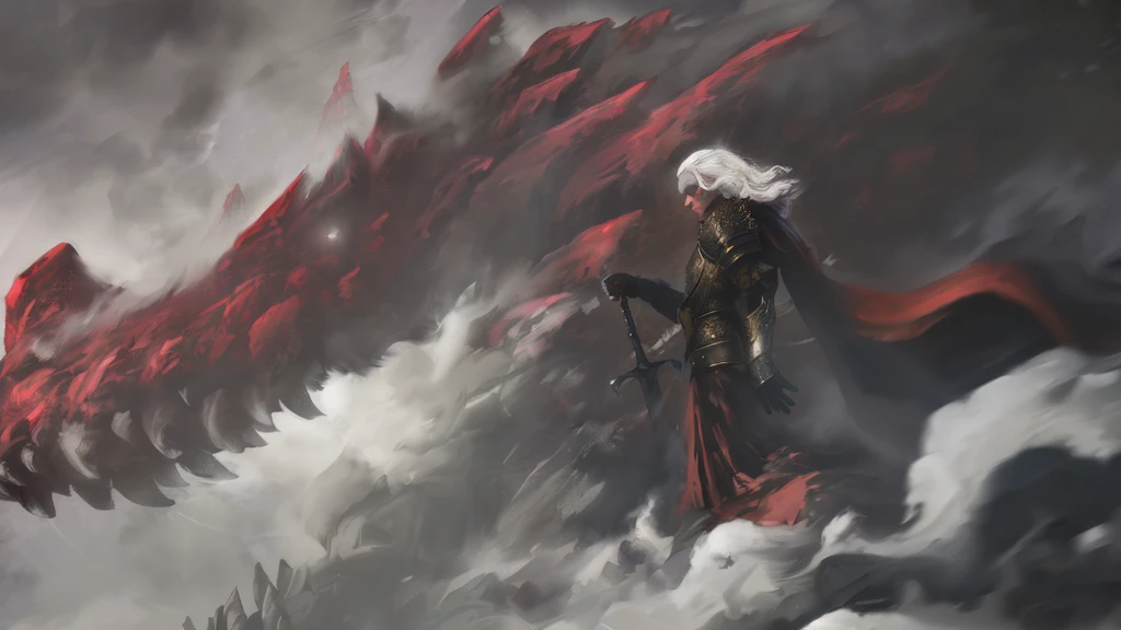 There is a man standing on the mountain with a sword, Ominous fantasy illustration, Epic fantasy digital art style, dark fantasy style art, epic fantasy art style, epic fantasy illustration, Abaddon and Margaret Villeneuve, epic fantasy art portrait, Epic Fantasy Artwork, Godrays digital painting, d & d fantasy digital painting, epic fantasy painting