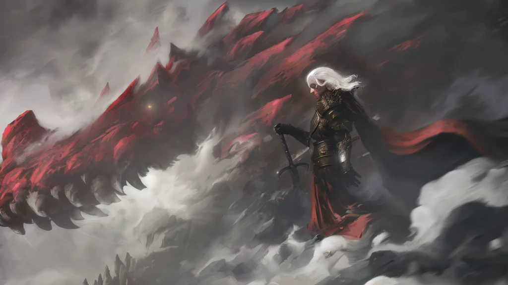 There is a man standing on the mountain with a sword, Ominous fantasy illustration, Epic fantasy digital art style, dark fantasy style art, epic fantasy art style, epic fantasy illustration, Abaddon and Margaret Villeneuve, epic fantasy art portrait, Epic Fantasy Artwork, Godrays digital painting, d & d fantasy digital painting, epic fantasy painting