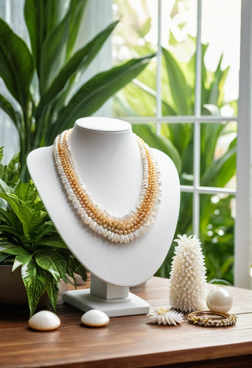 A beautiful white exotic shell necklace, rings and earrings displayed on a wooden table with lush green plants, set against a large window with natural lighting, (best quality,4k,8k,highres,masterpiece:1.2),ultra-detailed,(realistic,photorealistic,photo-realistic:1.37),detailed jewelry, highly detailed plants, detailed wood texture, dramatic studio lighting, natural lighting, warm color tones, soft focus, elegant, luxury