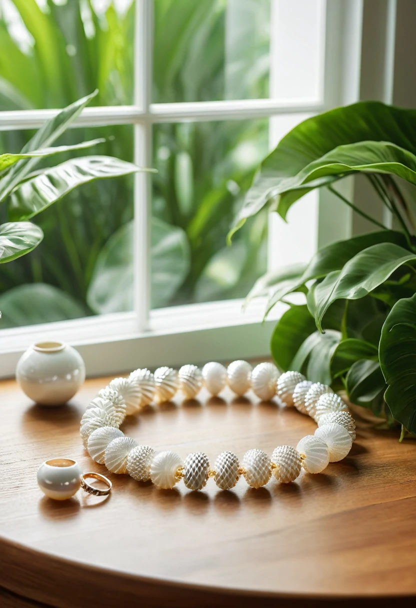 A beautiful white exotic shell necklace, rings and earrings displayed on a wooden table with lush green plants, set against a large window with natural lighting, (best quality,4k,8k,highres,masterpiece:1.2),ultra-detailed,(realistic,photorealistic,photo-realistic:1.37),detailed jewelry, highly detailed plants, detailed wood texture, dramatic studio lighting, natural lighting, warm color tones, soft focus, elegant, luxury