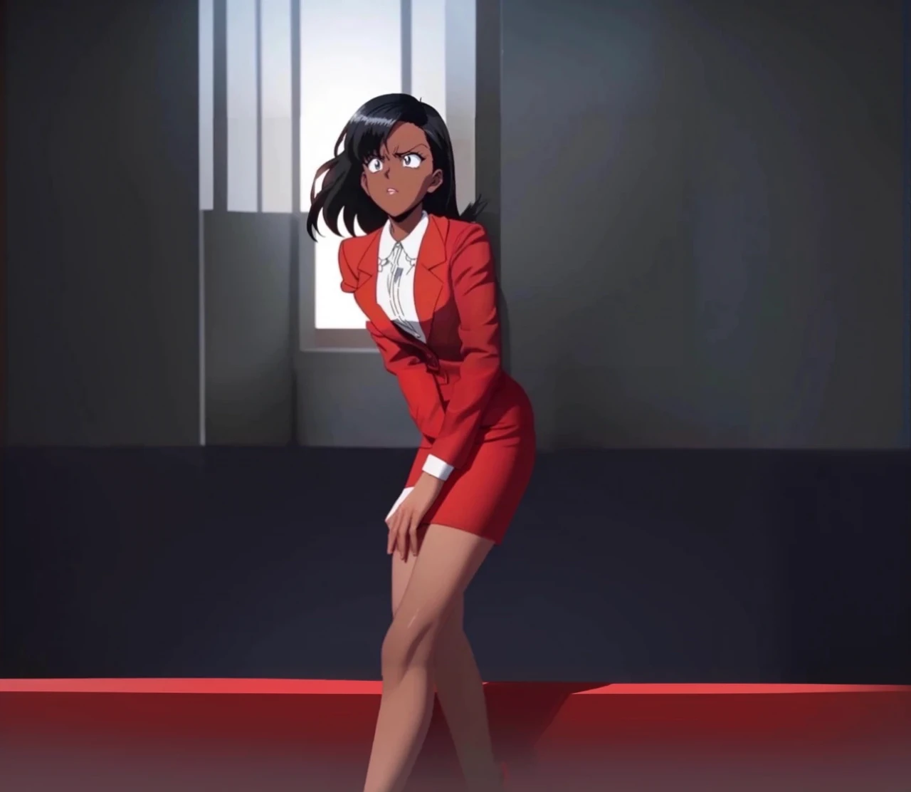 90s anime Evil black skinned business woman in a red suit and  red skirt and red heels and long red sleeves 