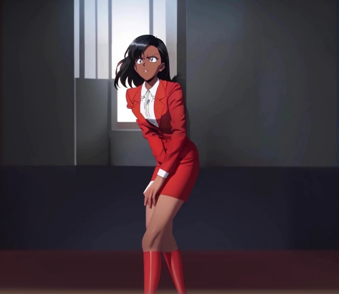 90s anime Evil black skinned business woman in a red suit and red skirt and red heels and long red sleeves