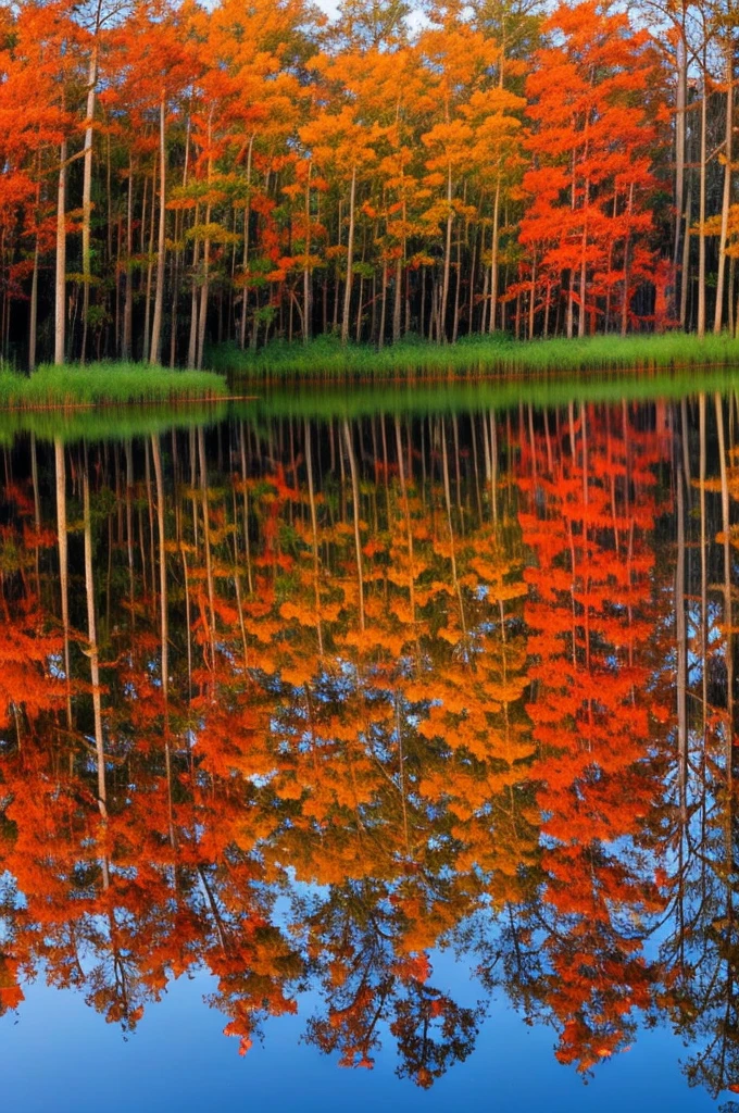 trees in a swamp with red leaves reflected in water, swamps, cypress trees, water reflection!!!!!, louisiana swamps, red reflections, swamp forest, scene from louisiana swamps, incredible reflections, amazing color photograph, image full of reflections, eerie colors, water reflections, water mirrored water, floating trees, full of reflections, bayou, muted fall colors