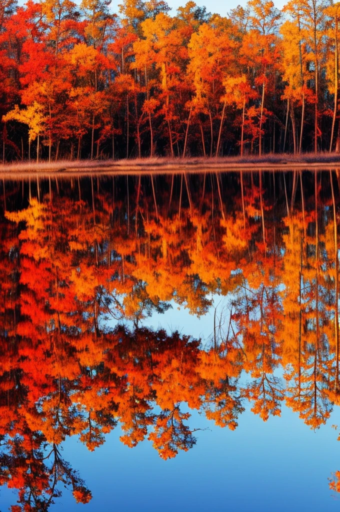 trees in a swamp with red leaves reflected in water, swamps, cypress trees, water reflection!!!!!, louisiana swamps, red reflections, swamp forest, scene from louisiana swamps, incredible reflections, amazing color photograph, image full of reflections, eerie colors, water reflections, water mirrored water, floating trees, full of reflections, bayou, muted fall colors