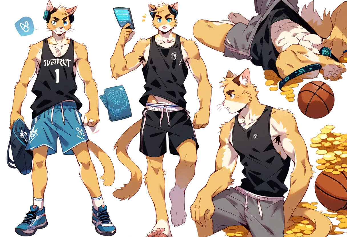 score_9, score_8_up, score_7_up, male, furry, high quality, hires, anthro, teenager, ************, domestic cat, basketball player, bright yellow fur, blue eyes, wide brown eyebrows, confidant expression, humanoid feet, slim body, prominent v-line, prominent abs, prominent legs, prominent forearm muscles, prominent knees, white background, treasure trail, armpit hair, furry legs, in various sexy poses, headphones, casual clothes, joggers, black tank top, shorts, jumping