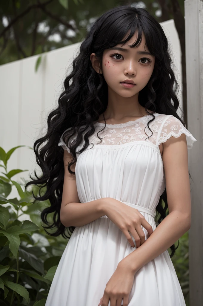 One with black curly hair and black skin wearing a white dress with bloodstains Ghibli style.