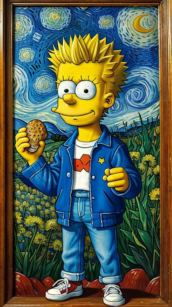 Teenager Bart Simpson is alone, high on medicinal cannabis, holding a magic mushroom inside a Van Gogh painting and Bart has red veins in the whites of his eyes.