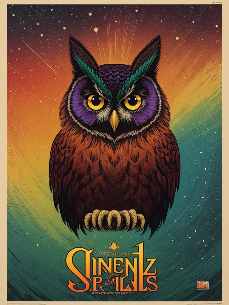 **Poster Description for "Waldkauz Spirits"**
---
**Top Part of the Poster:**
- **Background Color:** Black
- **Image:** Stylized Owl
- **Details:** Vaguely visible eyes, beak, and outline of the facial shape
- **Color Theme:** Warm red-orange
---
**Title:**
- **Text:** Waldkauz Spirits
- **Font:** Antiqua Bold
- **Color:** Warm red-orange (same color theme as the owl)
- **Position:** The title should be fully readable and clearly visible.
---
**Below the Title:**
- **Text:** Absinthe aus dem Tal
- **Font:** Antiqua Bold
- **Color:** Vibrant pine green
---
**Below the Text:**
- **Image:** Comic of a cat with a rainbow tail
- **Background:** Many stars
- **Edge:** Vaguely visible dark green gas planet (single planet, no artifacts at the edge)
- **Transition:** The area below the text "Absinthe aus dem Tal" should fade into the black background towards the edges, while the planet and the cat with the tail remain visible.
---
**Mood of the Poster:**
- **Majestic and powerful**
---
This poster represents an impressive composition that creates a majestic and powerful mood through the interplay of colors and motifs. The combination of the stylized owl, striking fonts, and the colorful comic element makes it unique and appealing. The title "Waldkauz Spirits" remains fully readable, and there are no distracting artifacts at the bottom edge of the poster.