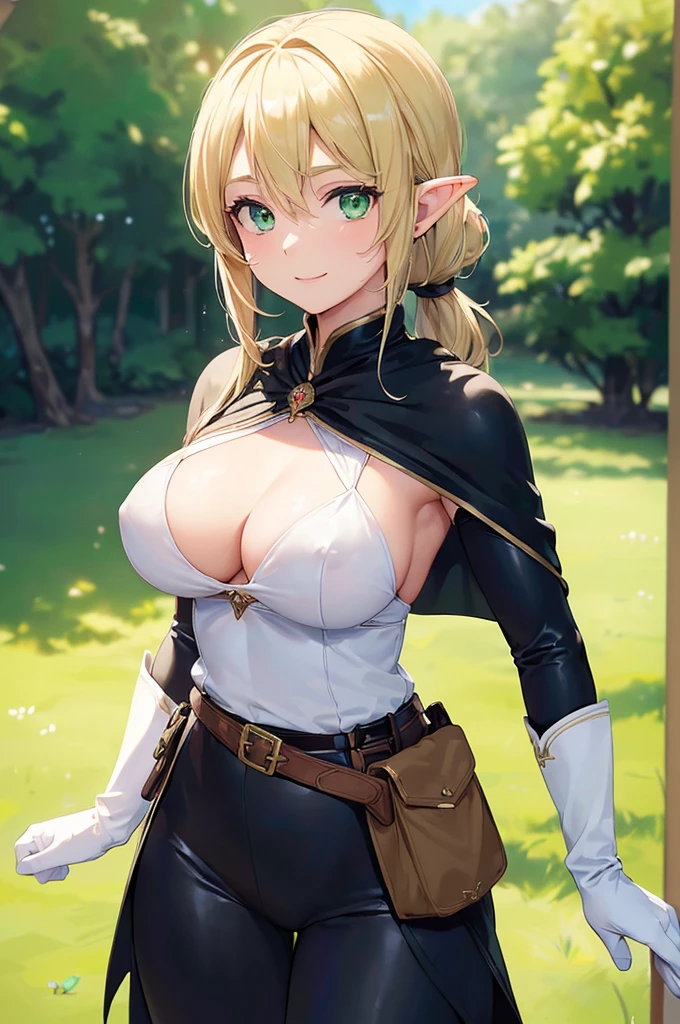 (((masterpiece; best quality: 1.2))), (finely detailed eyes: 1.3), (25 year old elf woman), (solo), (green eyes: 1.4), (body; buxom, fit, femenine: 1.3), (silky blonde hair in low ponytail: 1.3), (beautiful and clear background: 1.2), ((depth of field)), (equipment: adventurer attire + modest + long white tunic + black cape + black pants + gloves + belt + pouches: 1.3), (anime illustration: 1.2), (background composition; royal garden: 1.1), (extremely fine and beautiful: 1.1), (shot composition; standing + centered on torso + close-up: 1.5), (expression; calm, smile: 1.2)