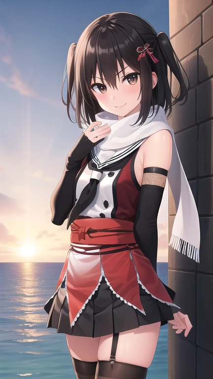 pokemonmarnie, aqua eyes, asymmetrical bangs, asymmetrical hair, black hair, hair ribbon, long hair, red ribbon, ribbon, twintails, (small breasts:1.2), BREAK backpack, bag, black choker, black jacket, choker, dress, earrings, jacket, jewelry, long sleeves, open clothes, pink bag, pink dress, solo, upper body, night sky, beach, arms behind head, contrapposto, spread armpits, looking at viewer, best quality, closed mouth, smile, blushing, BREAK (masterpiece:1.2), best quality, high resolution, unity 8k wallpaper, (illustration:0.8), (beautiful detailed eyes:1.6), extremely detailed face, perfect lighting, extremely detailed CG, (perfect hands, perfect anatomy),