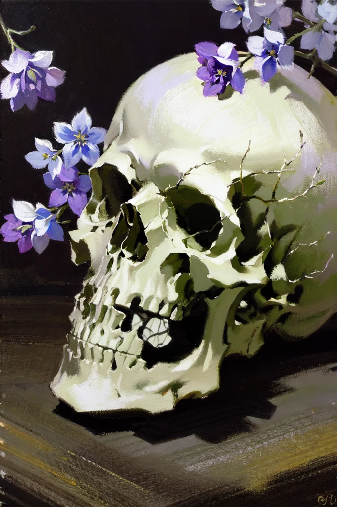 oil painting, a skull with a lilac flowers growing from it, sharp detailing, masterpiece, 8k, HDR, best quality, detailed skin, extremely detailed, detailed shadows, shading, 