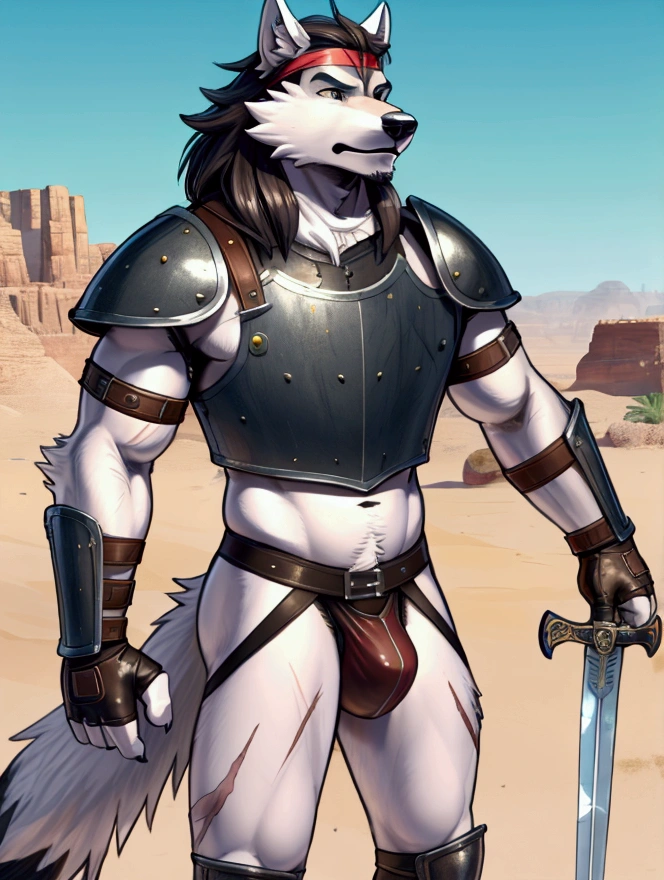 Solo Sexy young anthro furry wolf ancient desert solider, slim slim muscular, anthro handsome gay muzzle, shagy shag shag headband, handsome gay model male apperance, sword scars, worn out skimpy armament, low on hips heavy leather belt, old very worn out skimpy leather jockstrap, old yellow dirty worn out stains on white sawn jockstrap, very visible "x" brown seam studded pattern on the jockstrap, skimpy btonze age armlets brozne breastplate armor, skimpy bronze breastplate, leather bondages, fingerless leather gloves, ancient desert battlefield, standing in sexy fighting position, close view of full character